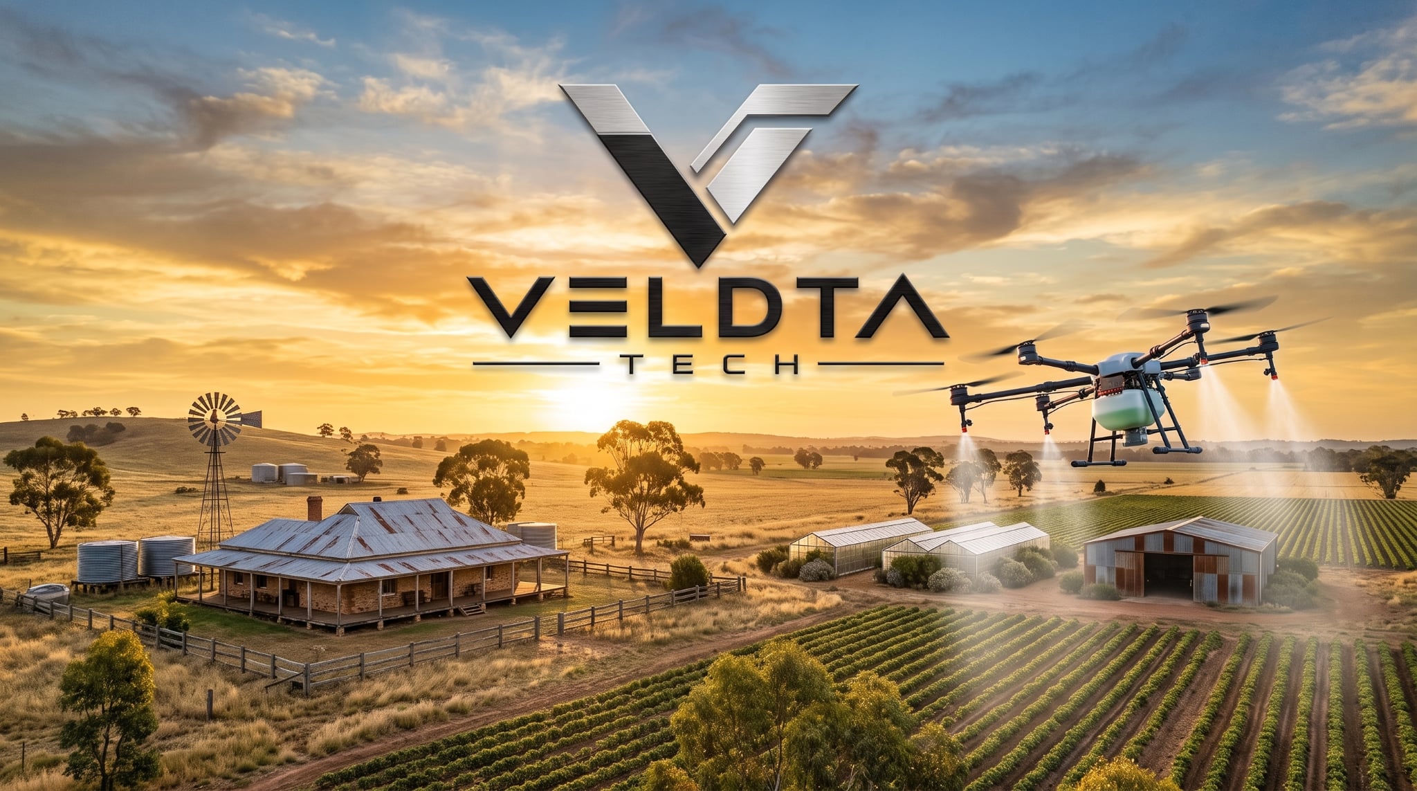 Veldta Tech agricultural spray drone working over an Australian farm at sunrise